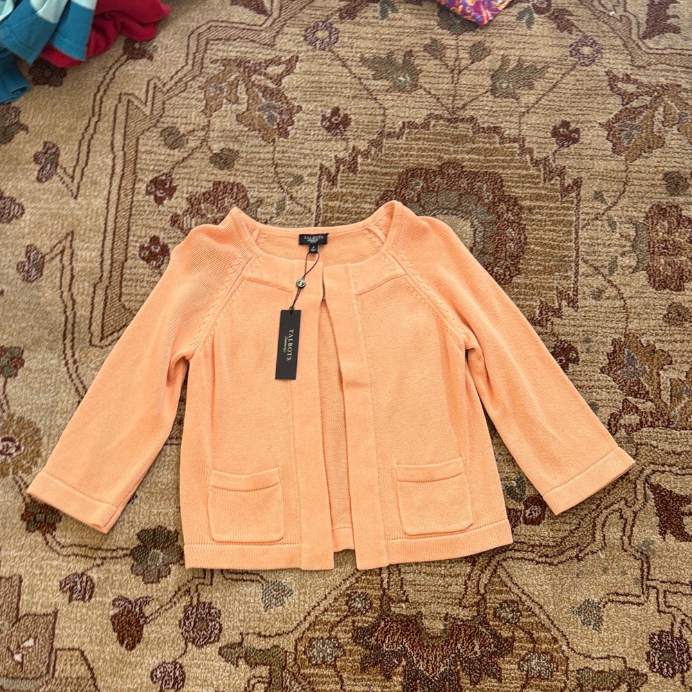 Talbots petite open front peach cardigan with clasp